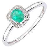 0.35ct Oval Emerald and Round Diamond Halo Ring in UK Hallmarked 9ct White Gold